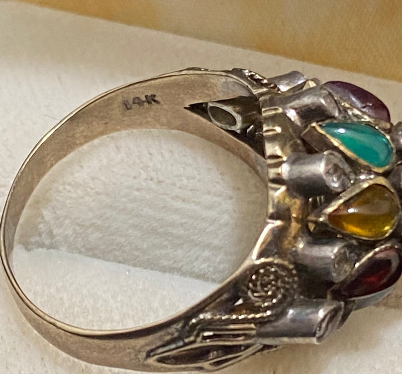 1930's Antique Thai-Style Solid White Gold Multi-Gemstone Cocktail Ring - $7K Appraisal Value w/CoA} APR57