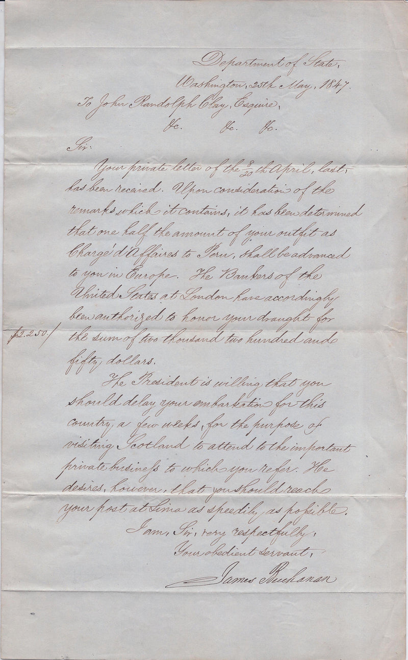 JAMES BUCHANAN Secretary of State Signed Letter to Charge d'Affaires of John Randolph Clay - $20K VALUE APR 57
