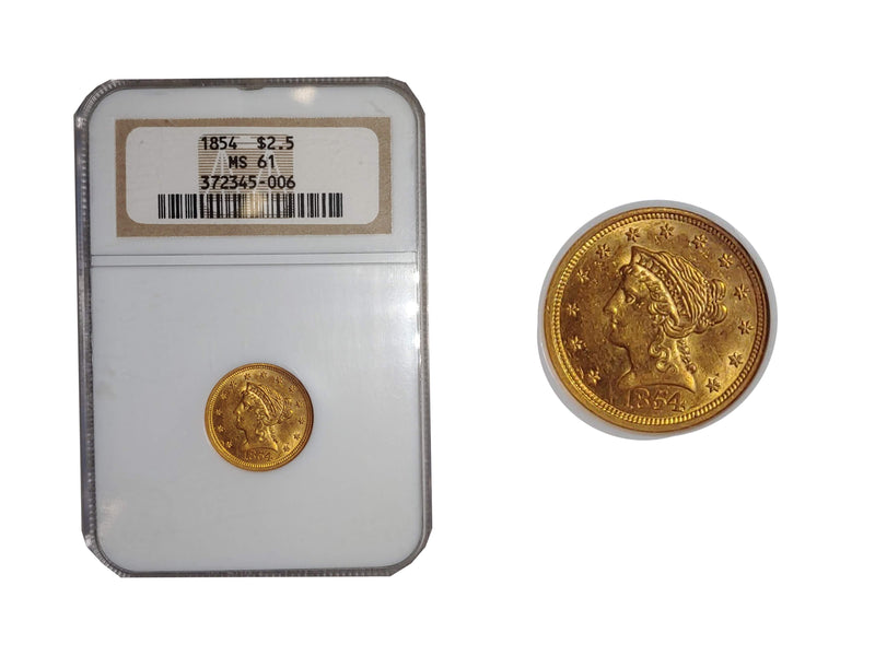 1854 Plain $2.5 Liberty Head Quarter MS-61 (NGC) - $1.5K APR Value w/ CoA! ✿✓ APR 57