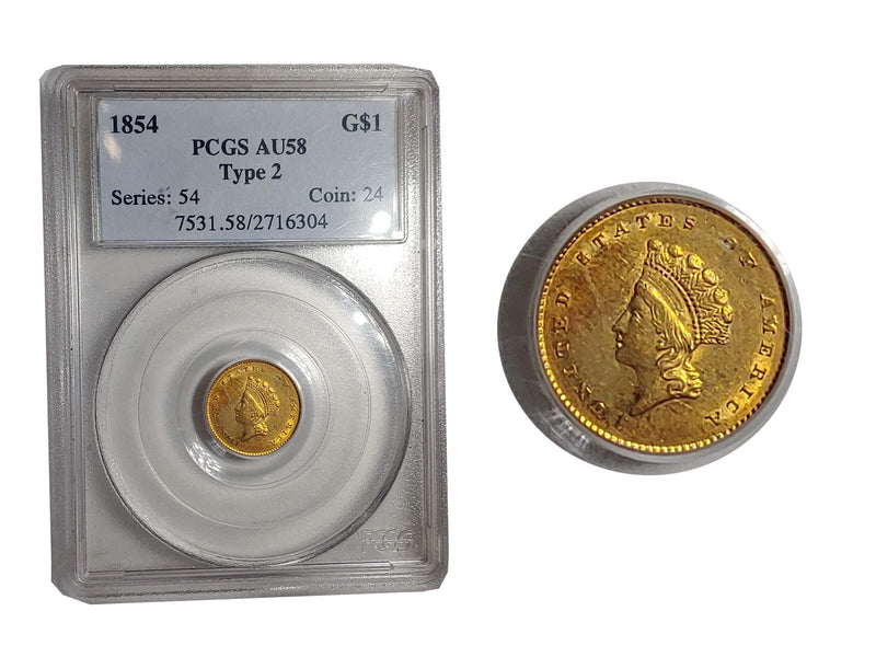 1854 TYPE 2 One Dollar Gold Indian Princess Small Head AU-58 (PCGS) - $6K  APR Value w/ CoA! ✿✓ APR 57