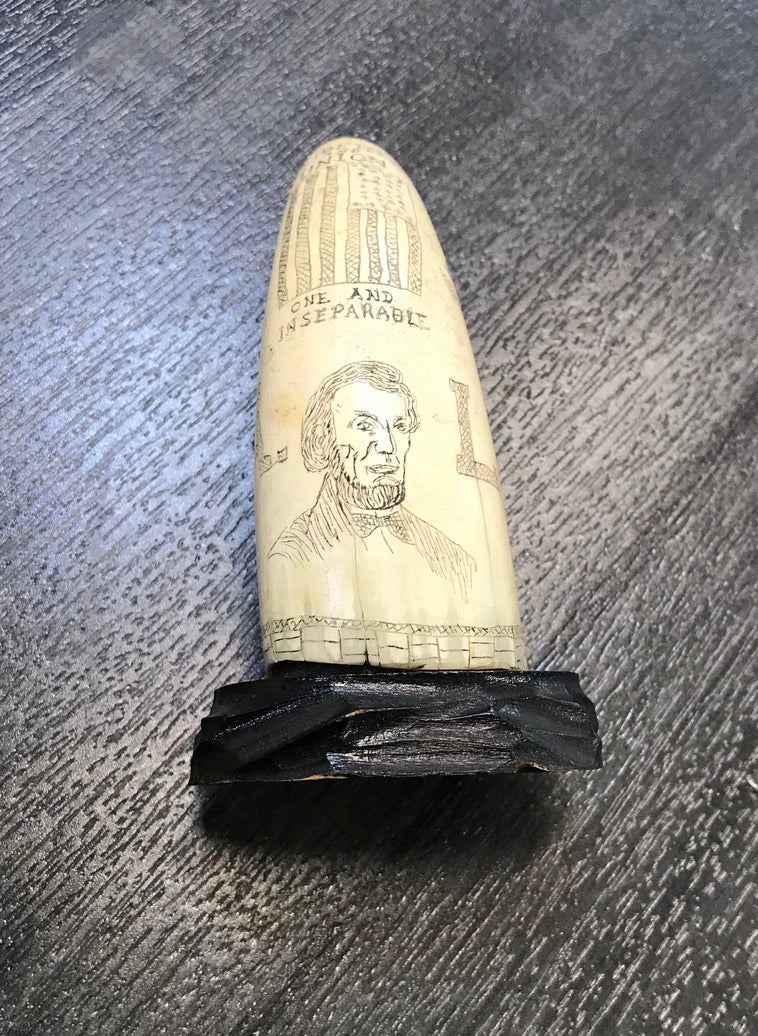 Scrimshaw Whale Tooth/Rare 1800s/Abraham Lincoln Engraving/1864/Navy/APR $15k!^ APR 57