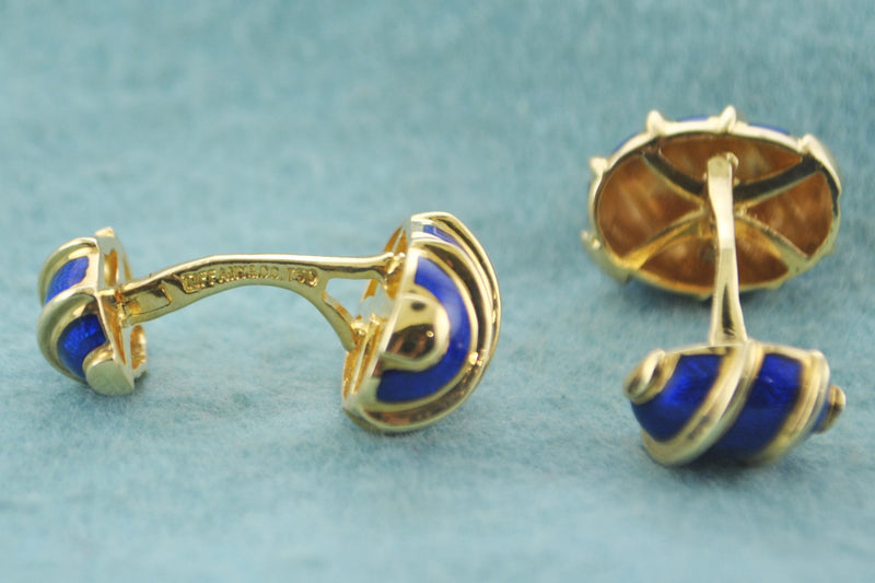 Pair of Cufflinks Schlumberger Tiffany & Co Blue Enamel Double Cuff-links in 18 Karat Yellow Gold - $10K VALUE APR 57