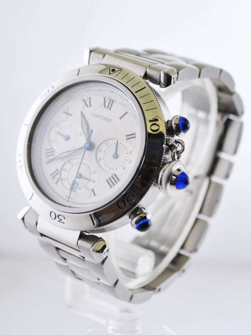 CARTIER Pasha de Cartier Chrono #1050 Quartz Wristwatch Date Rotating Bezel in Stainless Steel - $16K VALUE APR 57