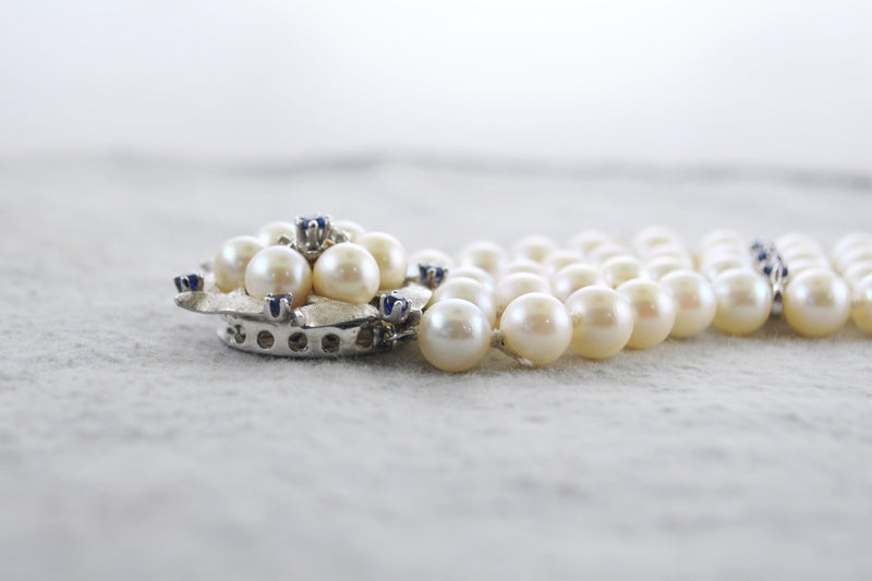 Incredible Handmade 5mm Pearl Bracelet with Ornate White Gold Sapphire Clasp - $10K APR Value w/ CoA! APR 57