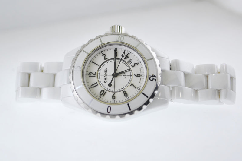 CHANEL Quartz Ladies J12 Wristwatch #H0968 in Stainless Steel and White Ceramic - $8K VALUE w/ CoA! APR 57