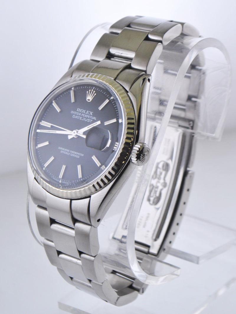 ROLEX Oyster Perpetual Datejust SS Wristwatch w/ 18K WG Bezel & Black Dial - $16K VALUE APR 57