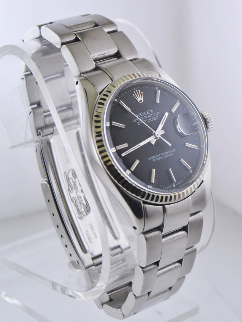 ROLEX Oyster Perpetual Datejust SS Wristwatch w/ 18K WG Bezel & Black Dial - $16K VALUE APR 57