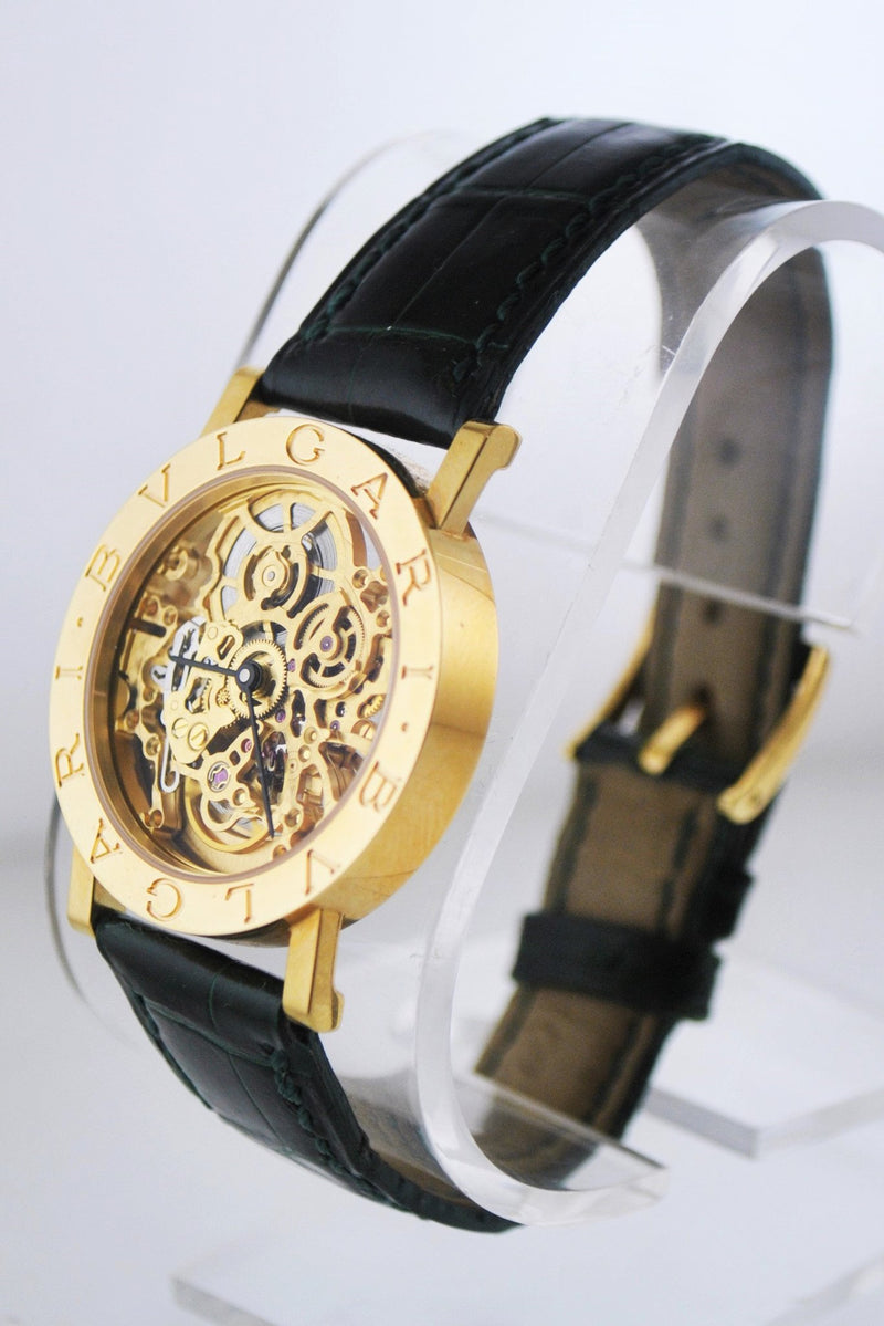 BVLGARI BULGARI Rare BB.33.GL.SK Skeleton Automatic 18K Yellow Gold Watch  w/ Green Leather Strap - $80K APR Value w/ CoA! ✓