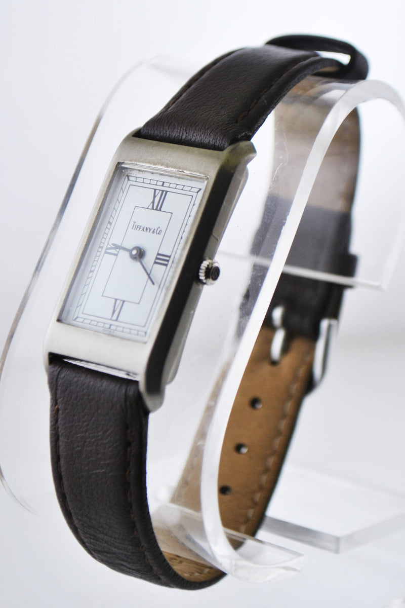 TIFFANY & CO. Stainless Steel Rectangular Wristwatch on Brown Leather Strap - $4K VALUE APR 57