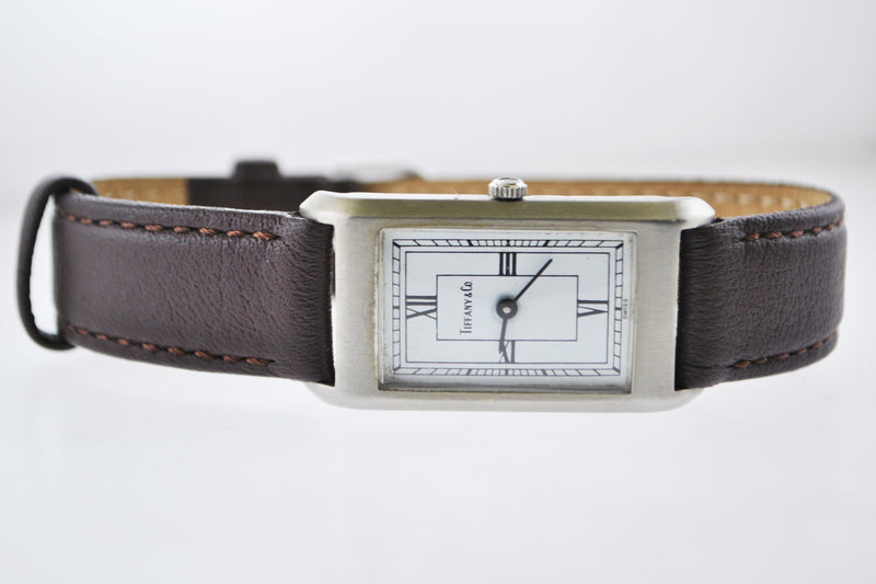 TIFFANY & CO. Stainless Steel Rectangular Wristwatch on Brown Leather Strap - $4K VALUE APR 57