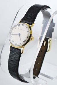 TIFFANY & CO. Vintage 1930's Solid Yellow Gold Round Wristwatch on Black Leather Strap - $10K VALUE APR 57
