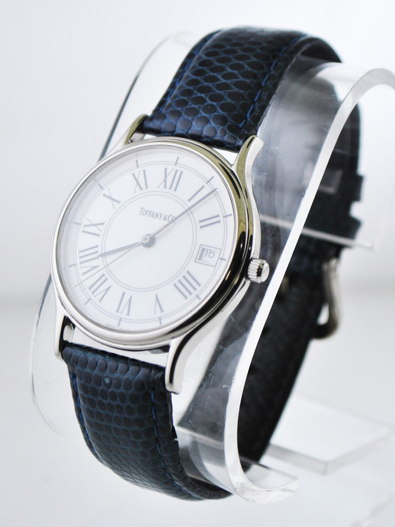 TIFFANY & CO. Elegant Round Stainless Steel Wristwatch on Navy Leather Strap - $3K VALUE APR 57