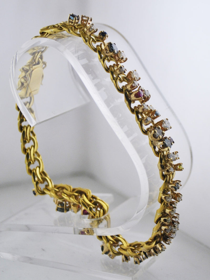 Designer Solid Yellow Gold Diamond Chain-Style Bracelet with Multicolored Gem-Stones - $25K APR Value w/ CoA! APR 57