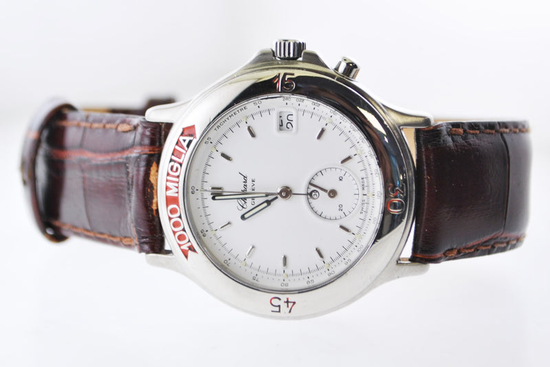 CHOPARD 1000 Miglia Ref. #8141 Quartz Chronograph Wristwatch Stainless Steel Brown Leather Strap - $10K VALUE APR 57