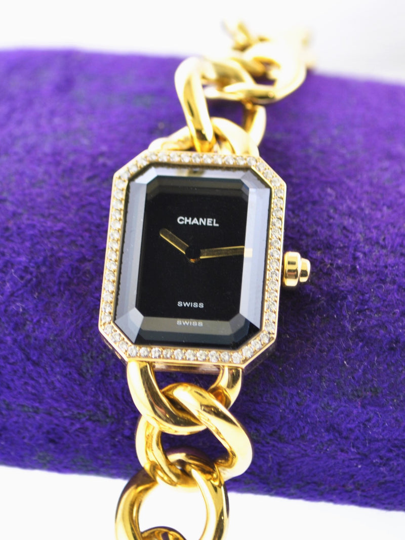 1987 Chanel Premiere H3259 Ladies Rectangle Wristwatch Diamond in 18 Karat Yellow Gold on Original Chain Band - $30K VALUE, w/Cert APR 57