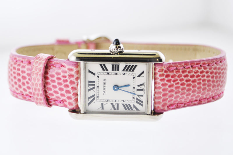 CARTIER Tank 18K White Gold Rectangle Triple-signed Wristwatch on Pink Leather Strap - $12K VALUE APR 57