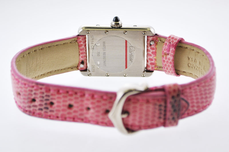 CARTIER Tank 18K White Gold Rectangle Triple-signed Wristwatch on Pink Leather Strap - $12K VALUE APR 57
