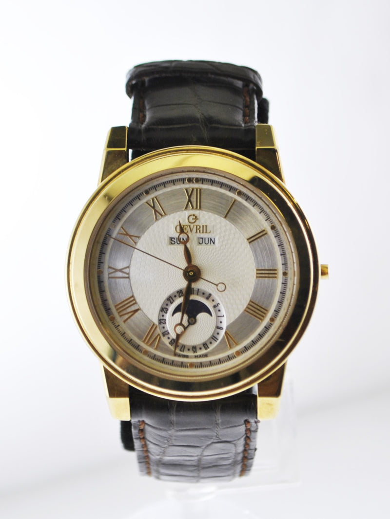 Gevril Chelsea Wristwatch Day-Date Sub-Dial Moon phase Skeleton Back LTD ED in 18 Karat Yellow Gold - $15K VALUE APR 57