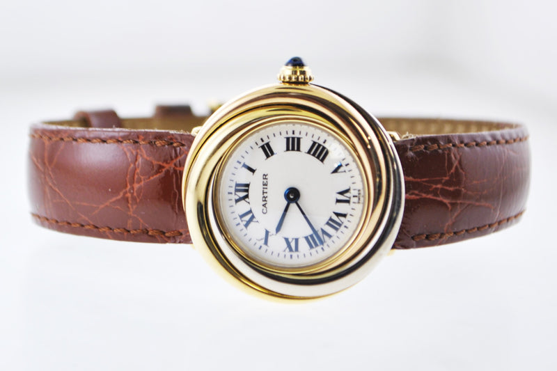 CARTIER Trinity 18K Yellow, Rose, & White Gold Wristwatch on Brown Strap, #2357 - $20K VALUE APR 57