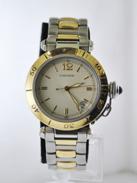 CARTIER Pasha de Cartier #1034 Automatic Wristwatch Beige Textured Dial Two-tone Link Band in 18K YG / SS - $30K VALUE APR 57