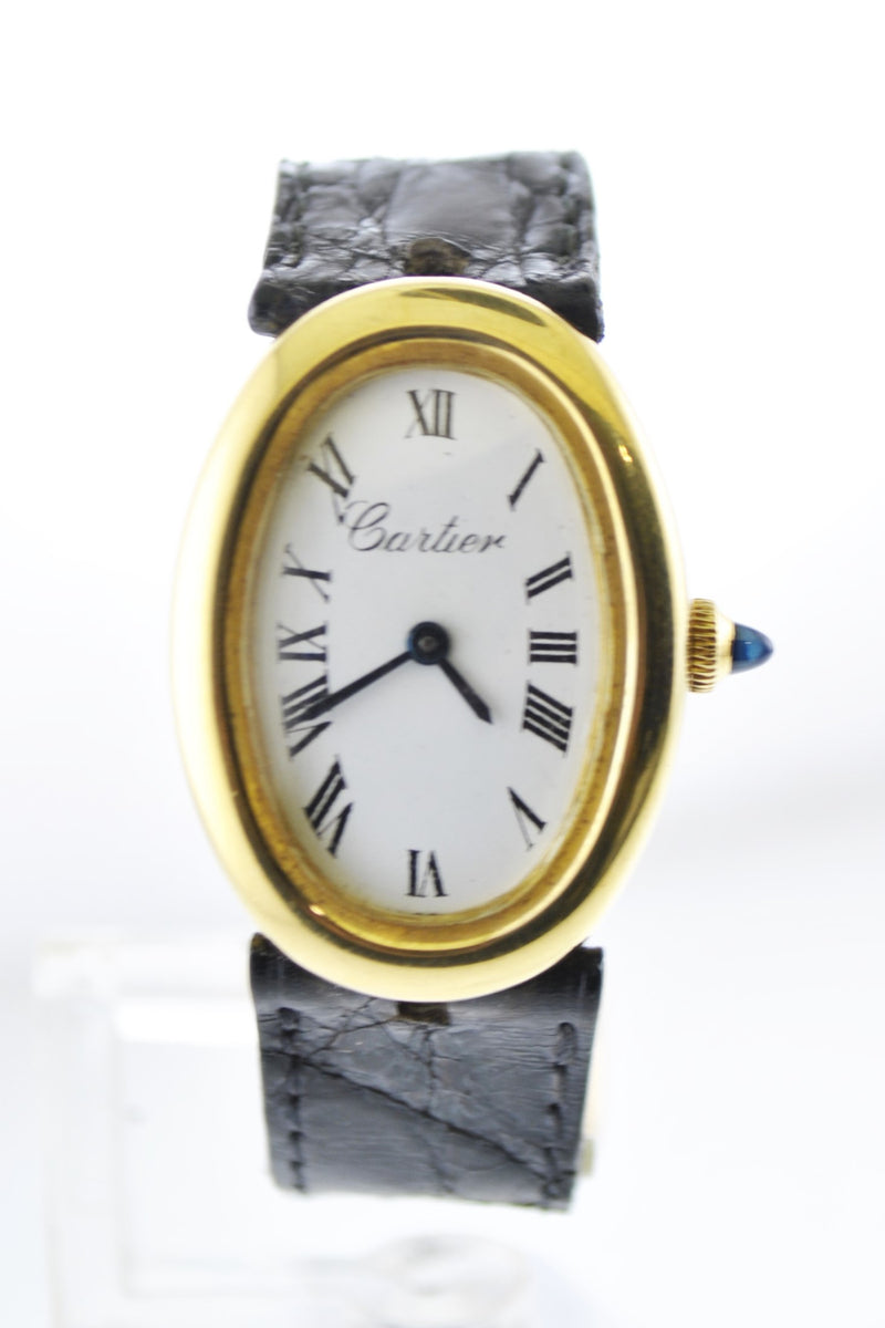 Cartier Baignoire Mechanic Oval Ladies Wristwatch on Original Black Leather Strap in 18 Karat Yellow Gold - $40K VALUE APR 57