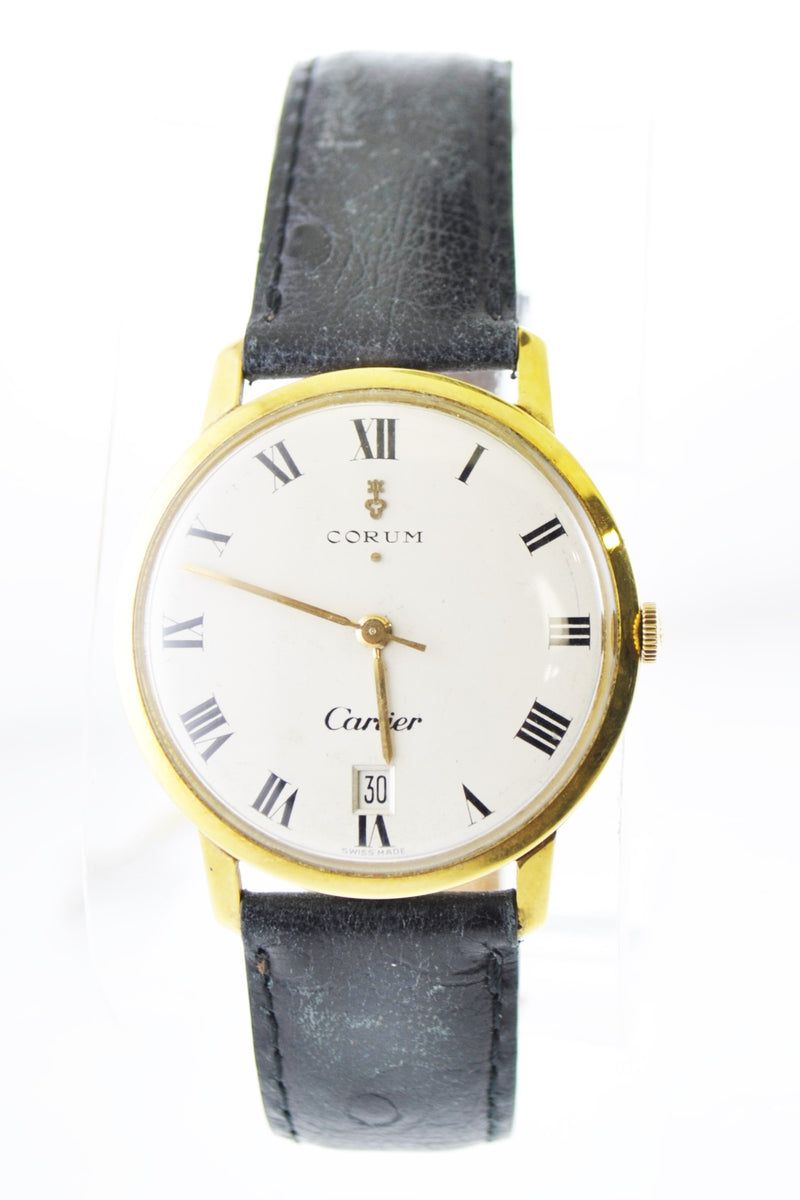 Corum & Cartier Mechanic Round Wristwatch on Leather Strap in 18 Karat Yellow Gold - $30K VALUE APR 57
