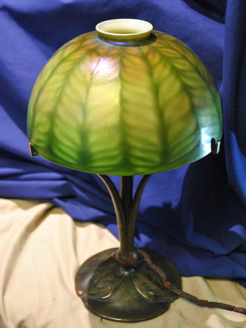 TIFFANY STUDIOS Vintage 1910's Lamp L.C.T. Favrile Glass and Bronze Three Leafs Base Signed - $30K VALUE* APR 57