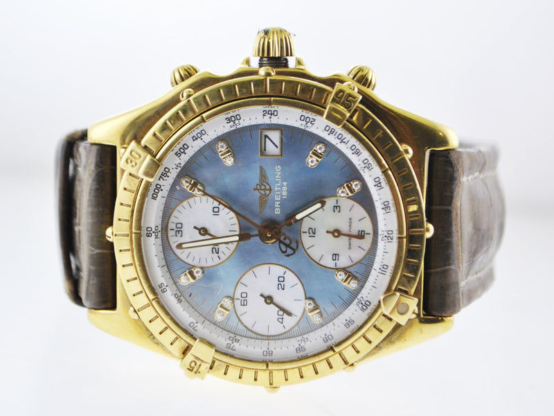 BREITLING 18K Yellow Gold Chronograph Wristwatch w/ Special Blue Mother of Pearl & Diamond Dial - $35K VALUE APR 57
