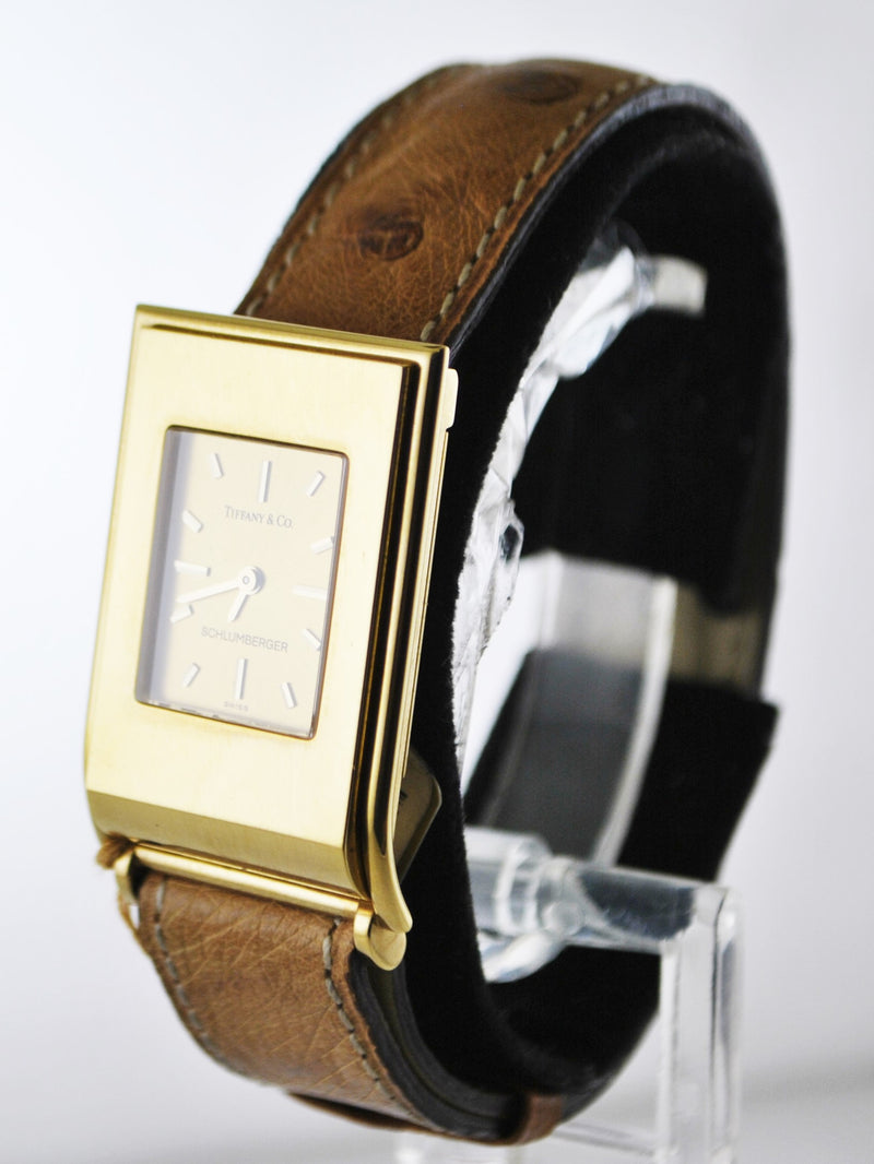 TIFFANY & CO. SCHLUMBERGER 18K Yellow Gold Rectangle Quartz Wristwatch on Original Ostrich Strap - $6K VALUE APR 57