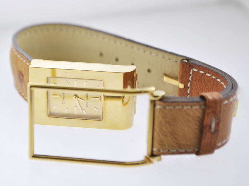 TIFFANY & CO. SCHLUMBERGER 18K Yellow Gold Rectangle Quartz Wristwatch on Original Ostrich Strap - $6K VALUE APR 57