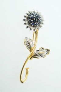 Vintage Designer Diamond & Sapphire Sunflower Brooch in White & Yellow Gold $10K VALUE APR 57