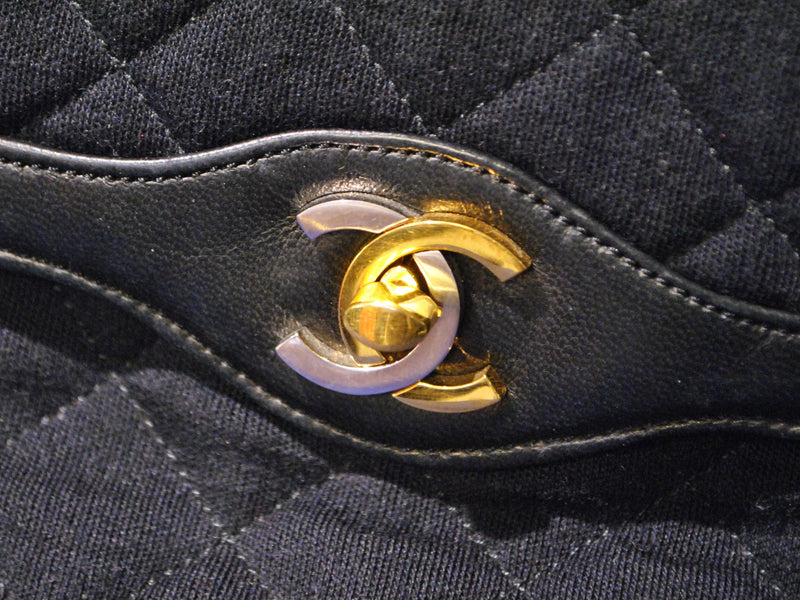 Circa 1980's Vintage Chanel Bag Black Fabric & Leather Textile Purse  Two-Tone CC Lock - $6K VALUE