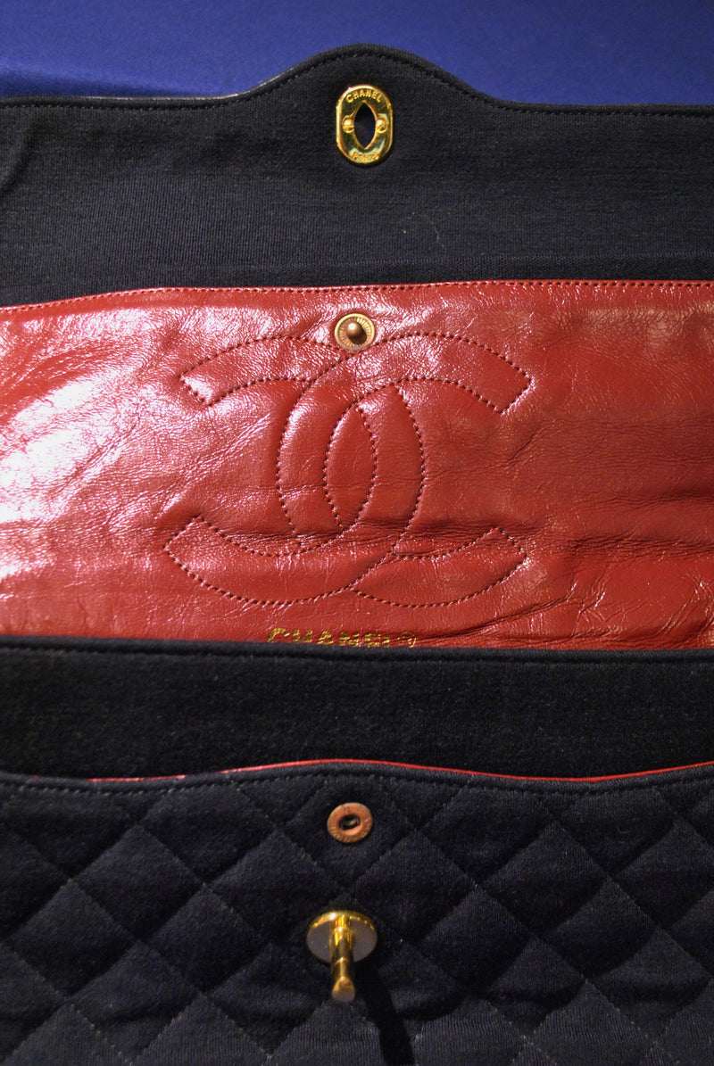 Circa 1980's Vintage Chanel Bag Black Fabric & Leather Textile Purse  Two-Tone CC Lock - $6K VALUE