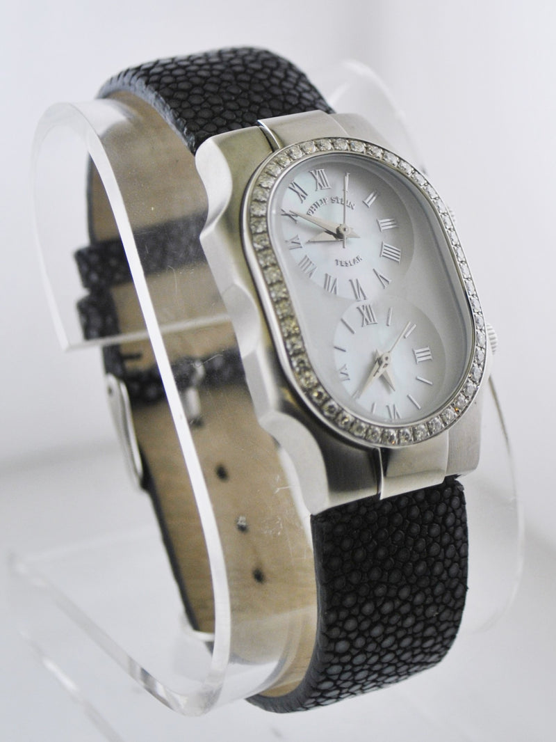 Philip Stein Teslar Dual-Time Oval 26 Wristwatch Diamond Bezel in Stainless Steel - $4K VALUE APR 57