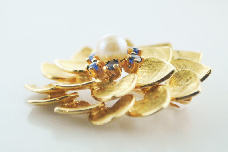 1960's Vintage ALA Flower Brooch Tiffany's Style Yellow Gold Pearl and Sapphire Pin - $8K VALUE APR 57