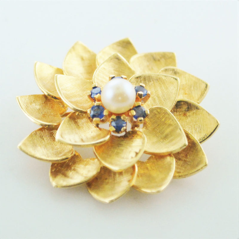 1960's Vintage ALA Flower Brooch Tiffany's Style Yellow Gold Pearl and Sapphire Pin - $8K VALUE APR 57