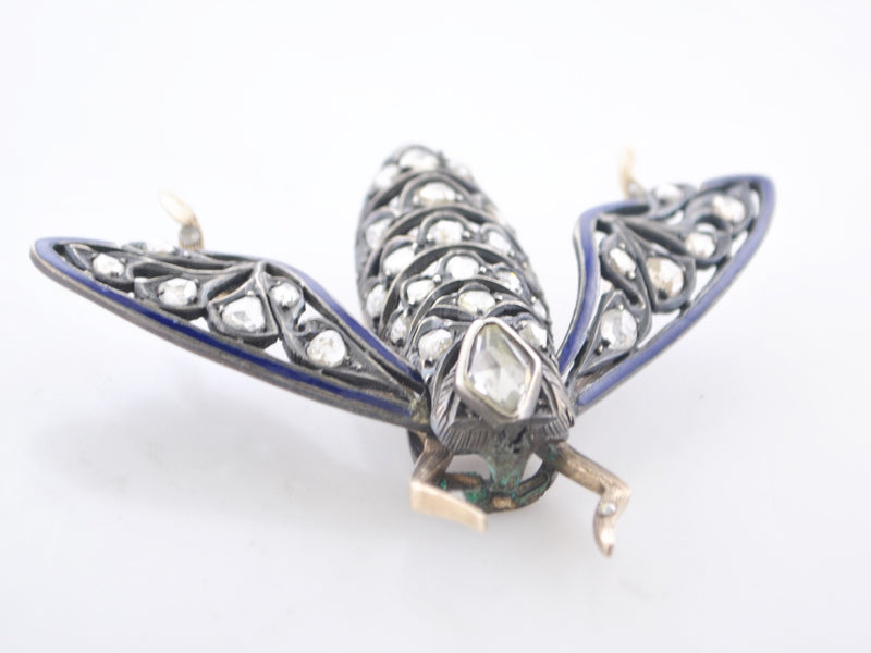 1850s Diamond Bumble Bee Brooch with Blue Enamel in 14K Yellow Gold & Sterling Silver - $15K VALUE APR 57