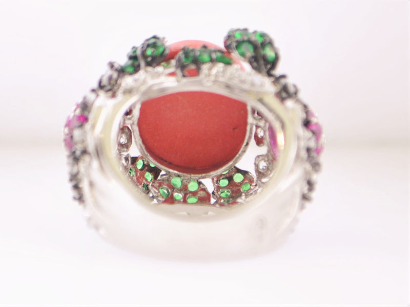 Vintage Style Designer Floral Silver Ring with 133 Stones in Emerald, Ruby & Zircon - $5K VALUE APR 57