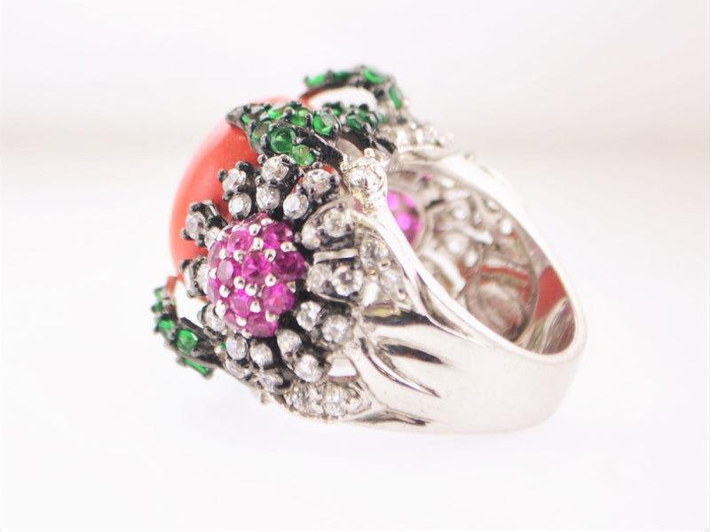 Vintage Style Designer Floral Silver Ring with 133 Stones in Emerald, Ruby & Zircon - $5K VALUE APR 57