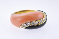 Contemporary Designer Cocktail Ring Diamonds Black Onyx & Pink Coral Dome 18K Yellow Gold $15K VALUE APR 57