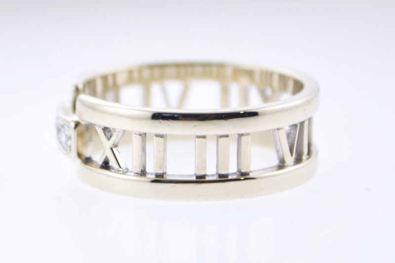 TIFFANY & CO. 18K White Gold Roman Numerals Ring Band w/ Diamonds