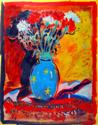 WAYNE ENSRUD "Starry Blue Vase on a Red Cloth" Acrylic on Canvas, 1985 APR 57