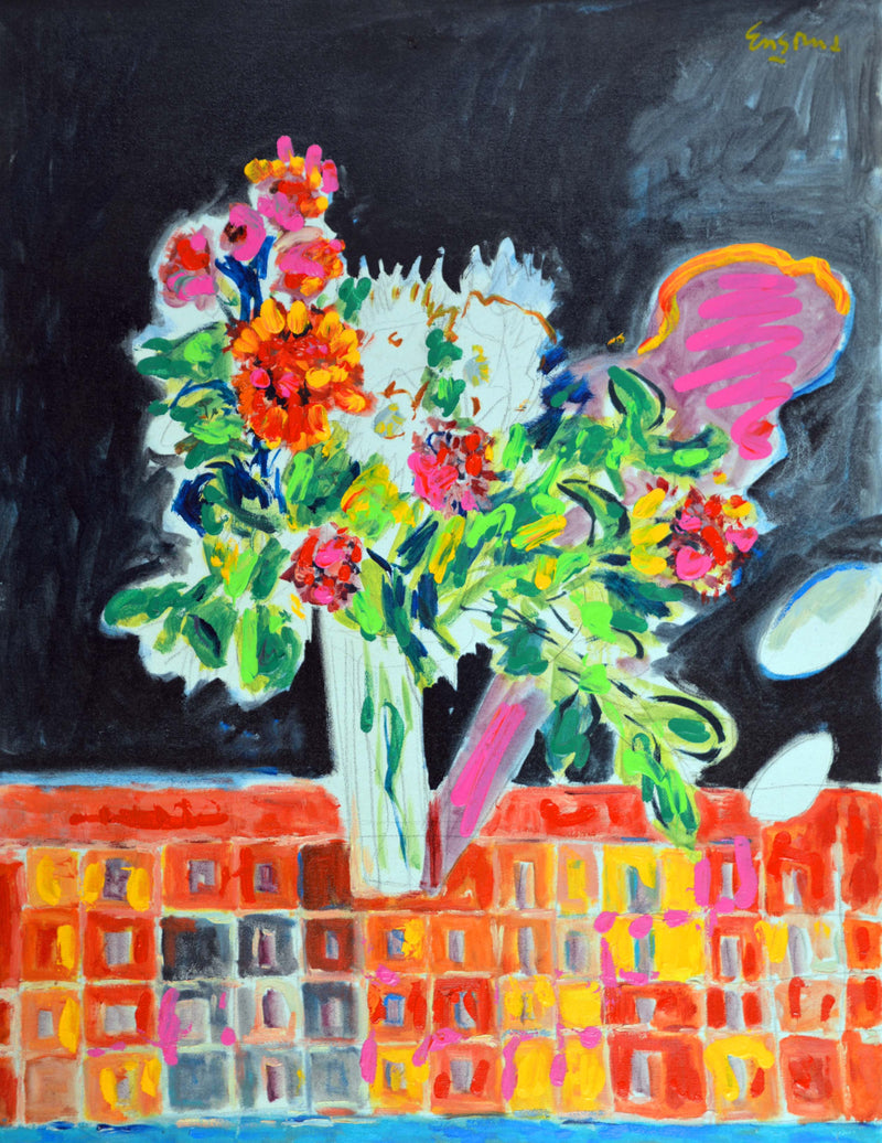 WAYNE ENSRUD "Floral on a Checkered Cloth" Acrylic on Canvas, C. 1988 APR 57