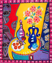 WAYNE ENSRUD "Blue Vase on a Yellow Table" Acrylic and Fabric on Canvas, 1996 APR 57