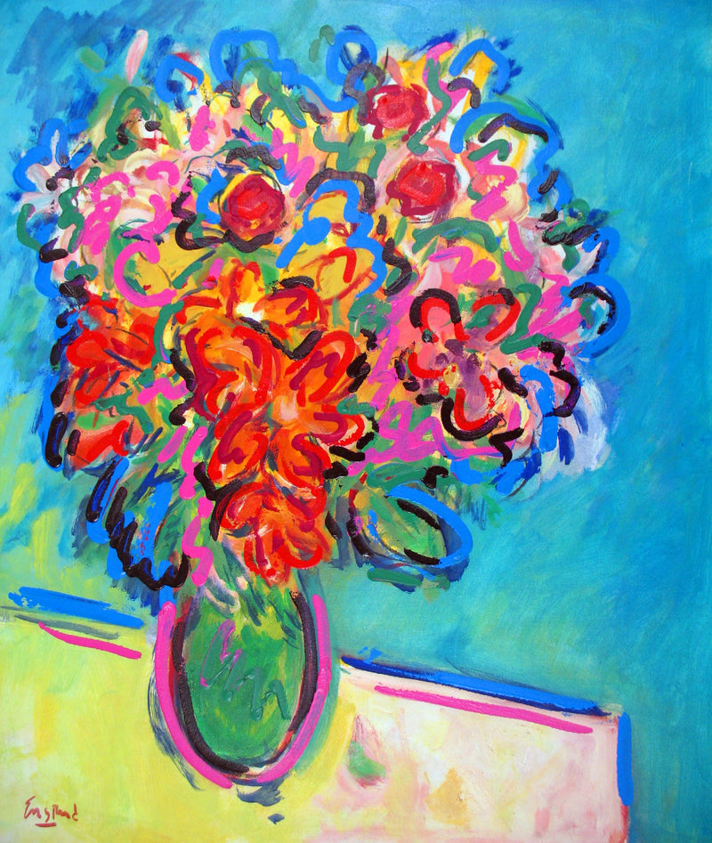 WAYNE ENSRUD "Floral Arrangement on a Yellow Table" Acrylic on Canvas, C. 1988 APR 57