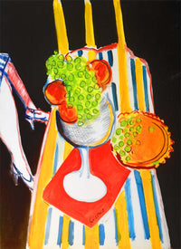 WAYNE ENSRUD "Striped Table with Fruit" Acrylic on Canvas, 1982 APR 57