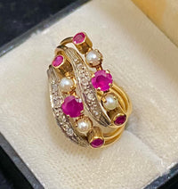 1930's Antique 18K Rose Gold Ruby & Diamond & Pearl Ring - $8K Appraisal Value w/CoA} APR57