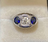 Victorian Era Antique Design Solid White Gold with Diamond & Sapphire Ring - $20K Appraisal Value w/CoA} APR57