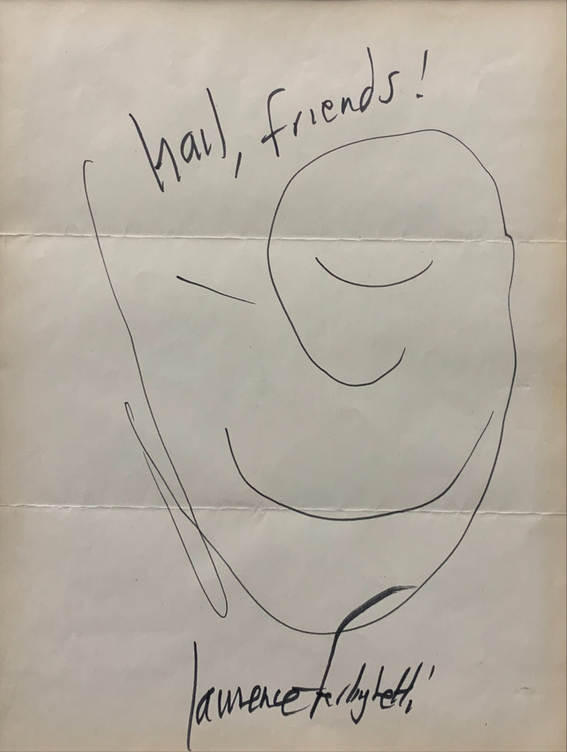 Lawrence Ferlinghetti, 'Hail, Friends!', Original Black Ink on Paper Drawing, 1970 - Appraisal Value: $10K* APR 57