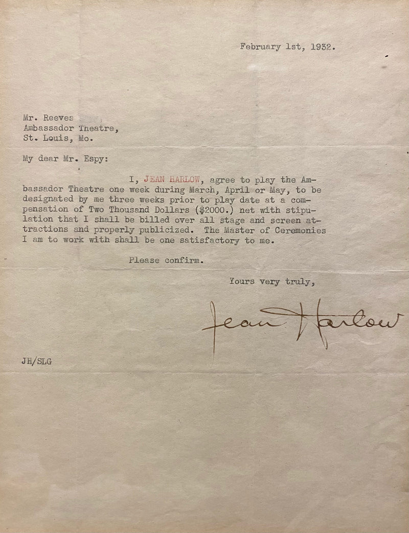 JEAN HARLOW Original 1932 Signed Letter Contract - $60K APR Value w/ CoA! APR57